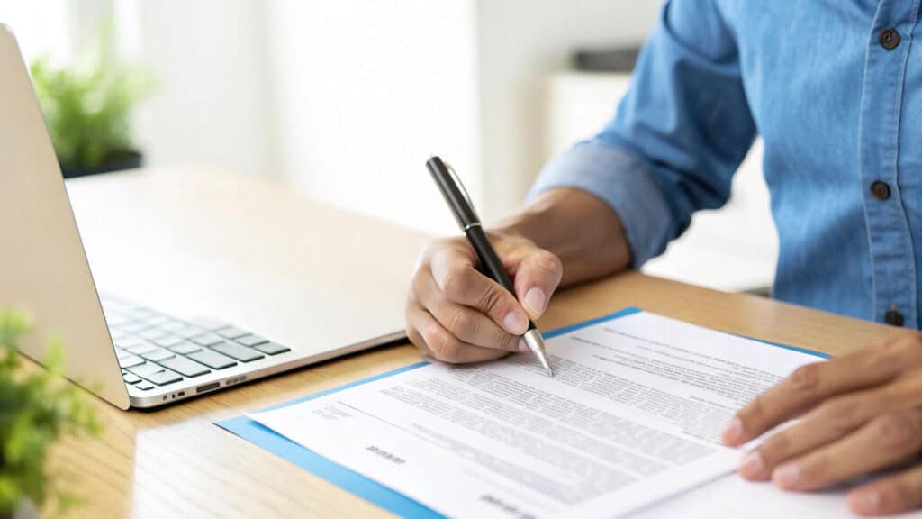 Person udfylder ansøgning om lån til tandlæge – nem og hurtig finansiering af tandbehandling.