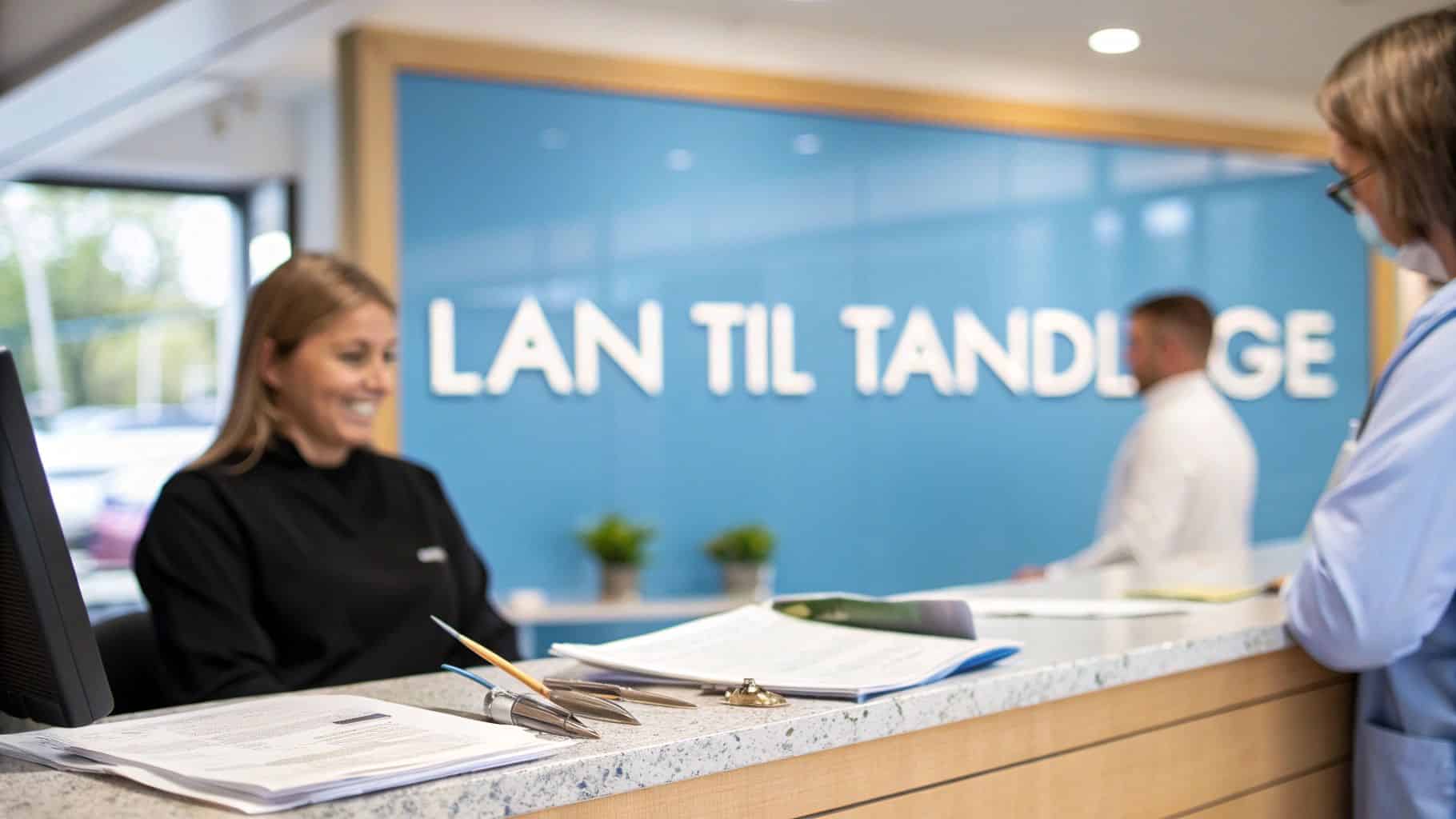 Reception på moderne tandklinik med smilende medarbejder – relevant i forbindelse med lån til tandlæge og finansiering af tandbehandling.