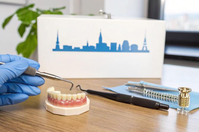 Tandlæge viser hvordan et tandset er opbygget i forbindelse med tandimplantater på vesterbro.